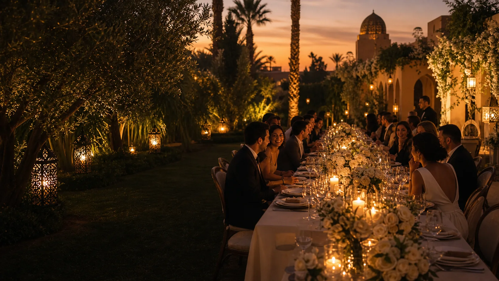 Dîner de mariage joyeux à Marrakech avec invités, bougies, fleurs blanches et lanternes