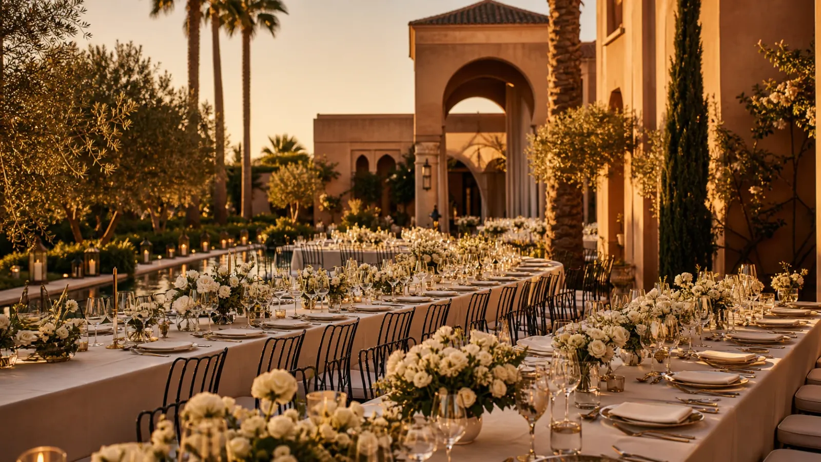 Lieu de réception à Marrakech préparé pour un mariage élégant