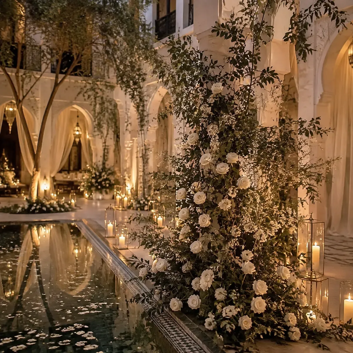 Composition de fleurs blanches dans la cour d’un riad