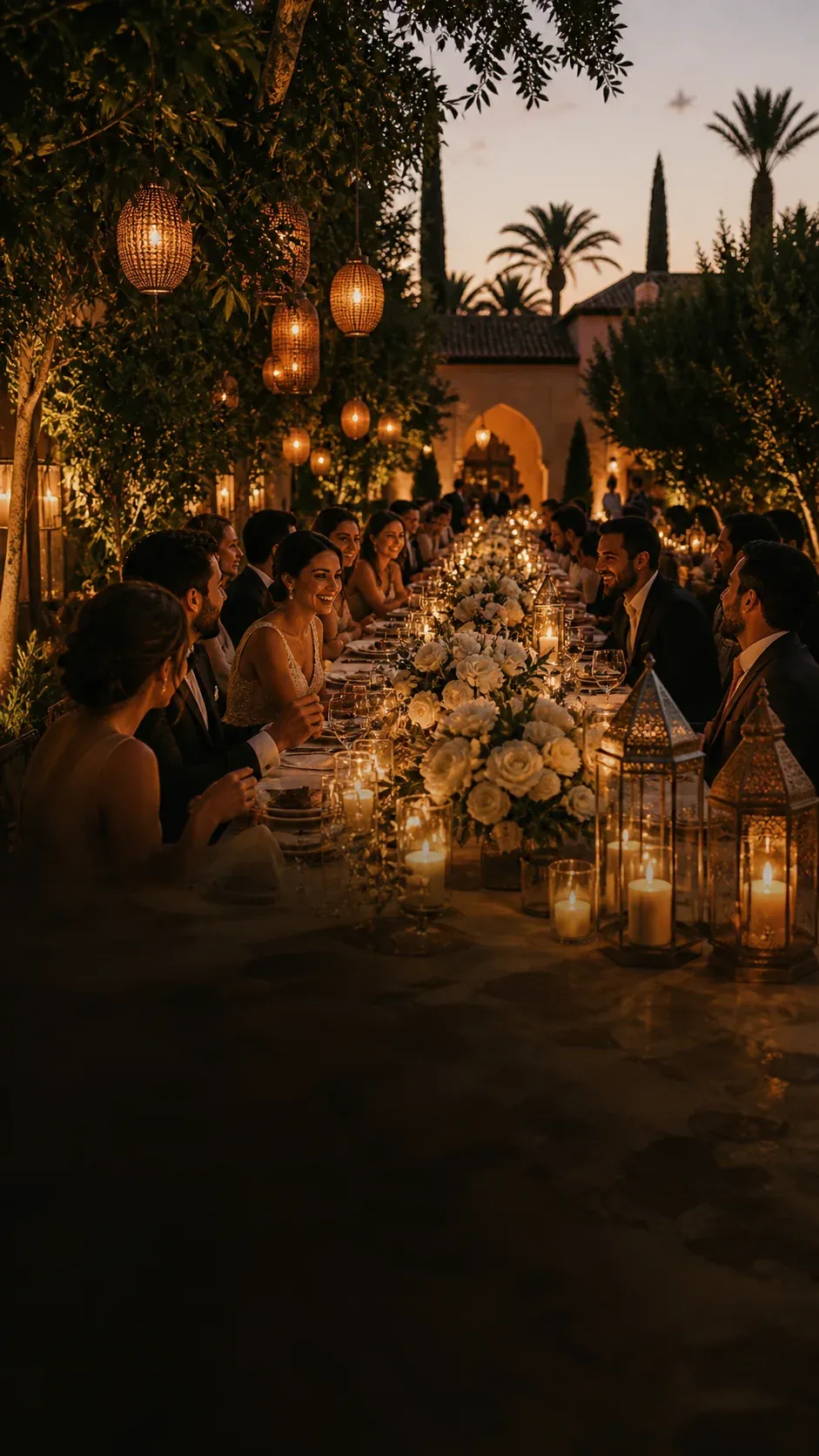 Célébration de mariage joyeuse à Marrakech autour d’une table aux bougies