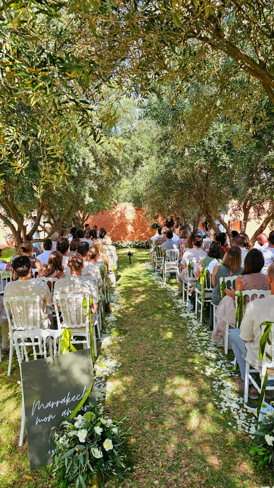 Cérémonie de mariage sous les oliviers, avec une allée bordée de pétales