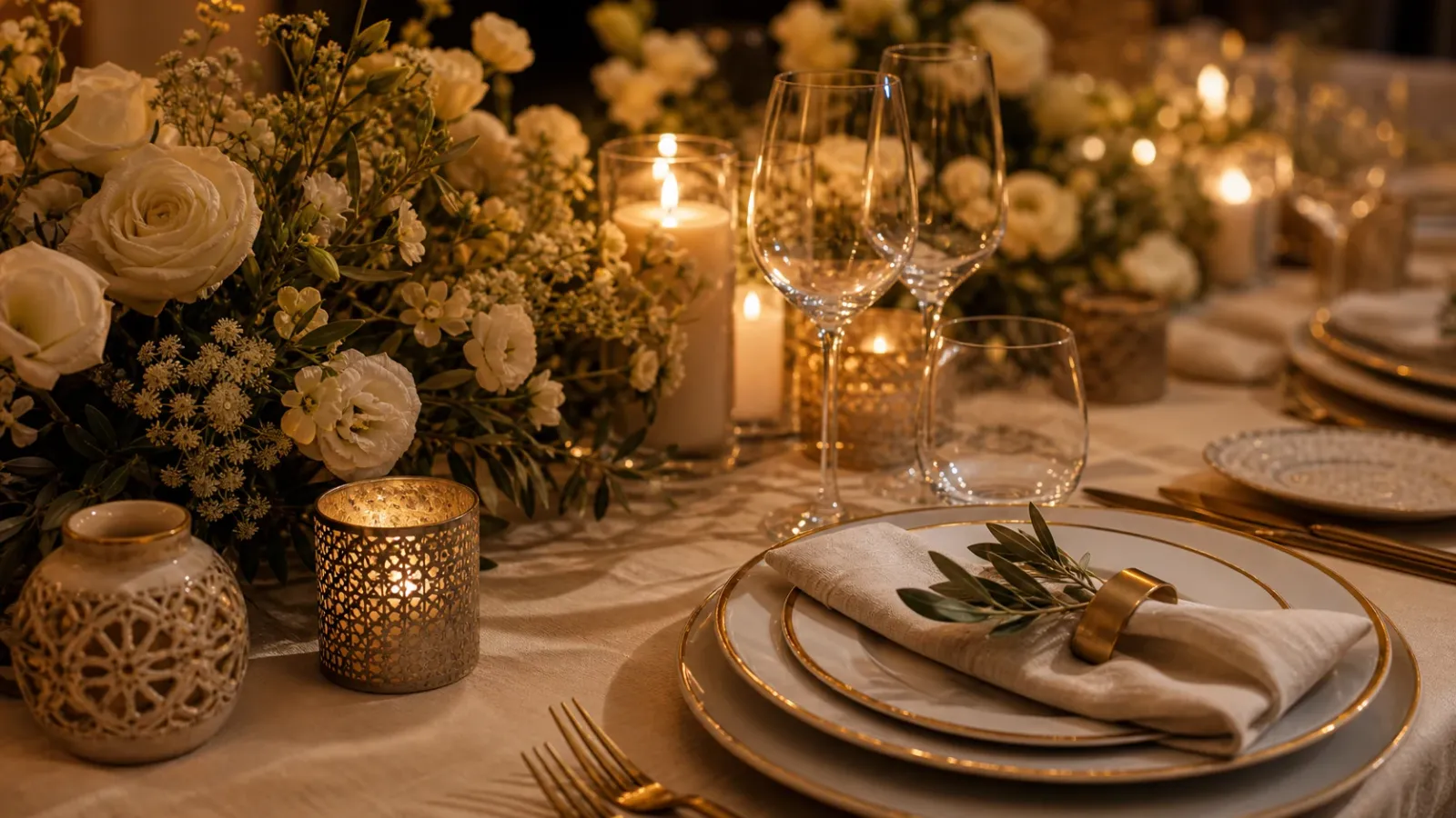 Détails de table avec fleurs, bougies, assiettes et textures