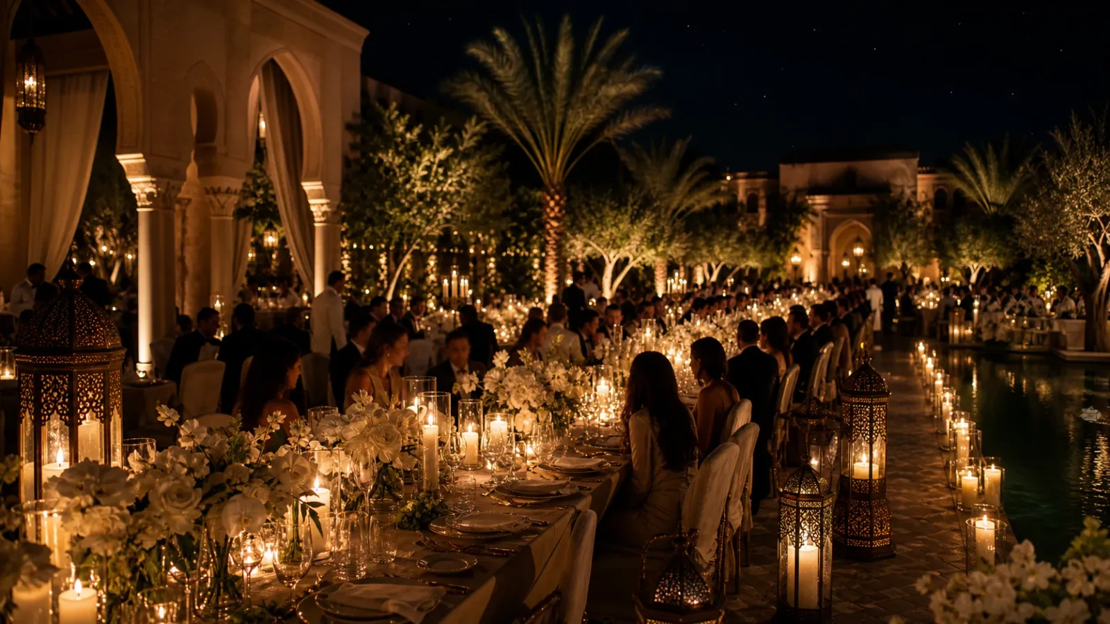 Célébration finale avec table de mariage illuminée à Marrakech