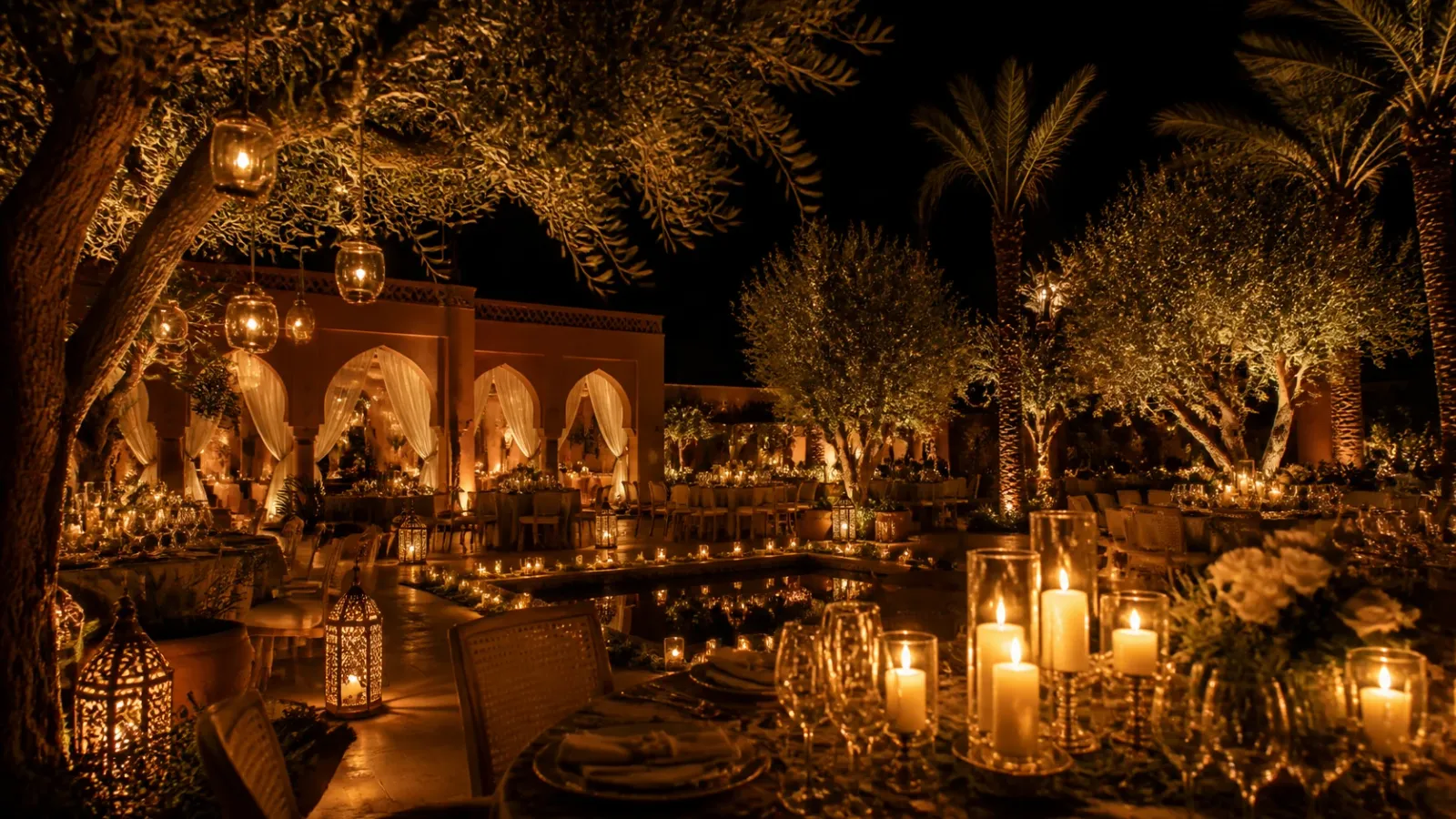 Ambiance de nuit avec lanternes, bougies et lumière chaude