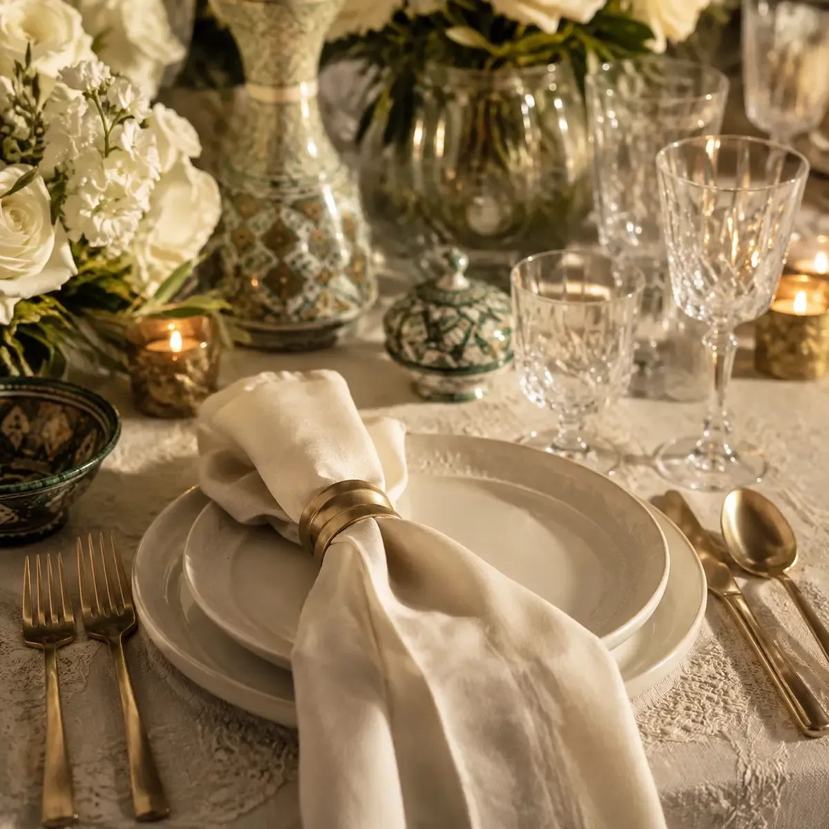 Vaisselle ivoire, verres en cristal et linge de table raffiné